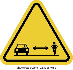 Mantenha distância do sinal de ciclista. Mantenha uma distância segura ao ultrapassar ou andar ao lado de um ciclista. Segurança rodoviária. Aviso sinal de estrada triângulo amarelo.