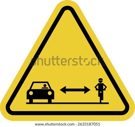 Keep distance from cyclist sign. Keep a safe distance when overtaking or riding next to a cyclist. Road safety. Warning yellow triangle road sign.