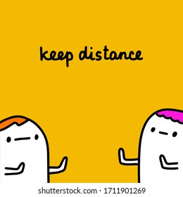 Keep distance hand drawn vector illustration in cartoon comic style people apart lettering