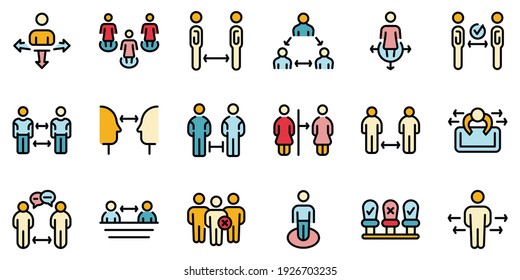 Keep distance icons set. Outline set of keep distance vector icons thin line color flat on white