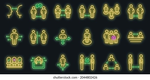 Keep distance icons set. Outline set of keep distance vector icons neon color on black