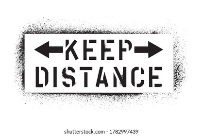 KEEP DISTANCE inscription. Isolated black spray graffiti stencil. A warning message against spreading disease.