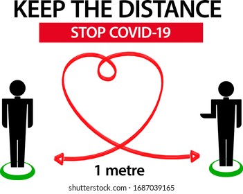 Keep the distance with love symbol and two icon man standing 1 metre distance for safety. Corona virus. covid-19