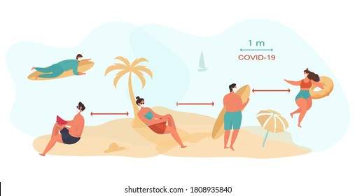Keep Distance on the Beach during Quarantine.Beach Holiday and Activities at Sea,Surfing and Sunbathe under Palm Tree in Covid 19.Characters in Medical Masks.Summer Holiday.Flat Vector Illustration