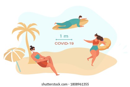 Keep Distance on the Beach during Quarantine.Beach Holiday and Activities at Sea,Surfing and Sunbathe under Palm Tree in Covid 19.Characters in Medical Masks.Summer Holiday.Flat Vector Illustration