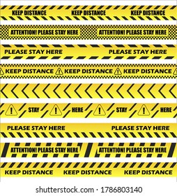 Keep distance on floor stripes set vector. Restrictive tape stickers in yellow with stripes to separate people at a safe distance. Stay here is text on seamless  tapes.
