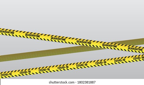 Keep distance on floor stripes vector on grey background. Restrictive tape stickers in yellow with stripes to separate people at a safe distance. Covid-19 and quarantine is text on seamless  tapes.