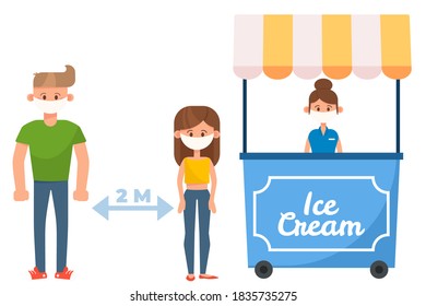 Keep distance in queue of people. Characters waiting, stay safe coronavirus disease. Epidemic protective equipment, group characters with face masks. Cartoon humar keep the 1 meter distance.