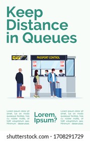 Keep distance in queues poster template. Safe distancing in public place. Commercial flyer design with semi flat illustration. Vector cartoon promo card. Airport terminal advertising invitation