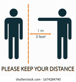 Keep distance sign. Coronovirus epidemic protective equipment. Preventive measures. Keep the 1 meter distance. Vector illustration.