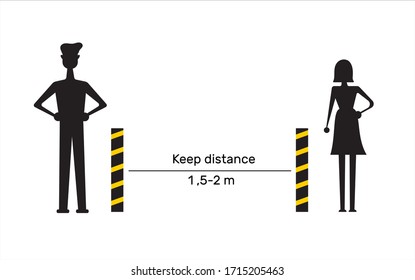 Keep distance sign. Coronovirus epidemic protective equipment. Preventive measures. Steps to protect yourself. Keep the 1 meter distance. Vector illustration. Flat design vector. Black silhouette