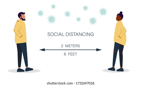 Keep distance sign. Coronovirus epidemic protective equipment. Preventive measures. Steps to protect yourself. Keep the 2 meters distance. Vector illustration.