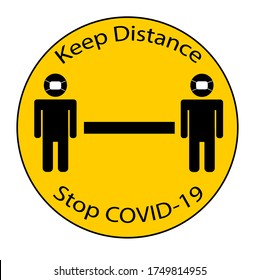 Keep Distance Sign on yellow with people in masks on words separating people for public health and safety during Coronavirus (COVID-19), global pandemic.	