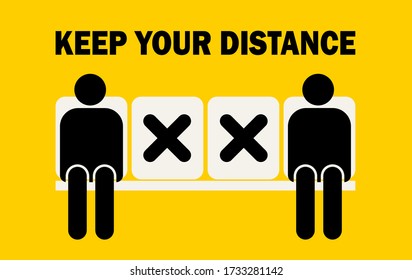 Keep distance sign. People sitting on chairs while keep social distancing. Vector image.