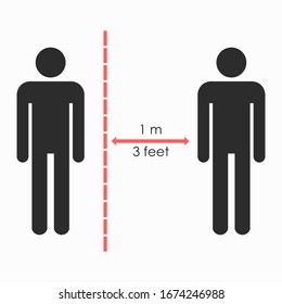 Mantenga el signo de distancia. Por favor, mantengan su distancia. Equipo de protección contra la epidemia de coronovirus. Medidas preventivas. Pasos para protegerte. Mantenga la distancia de 1 metro. Ilustración vectorial.