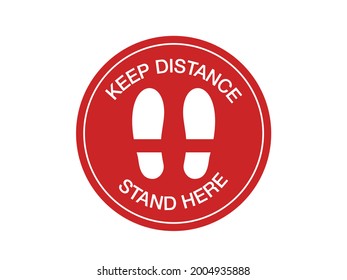 Mantener el signo de distancia. Mantener la distancia parado aquí el símbolo del círculo rojo vector. Señal de los pasos de la comida.  Señal de distanciamiento social. 