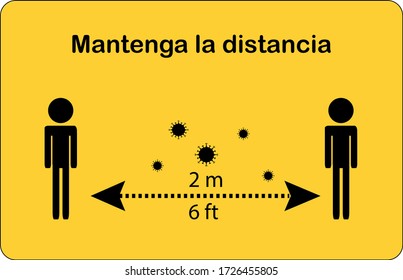 Keep distance in spanish "Mantenga la distancia" on a yellow background.  2 meters. Instruction Icon. Vector illustration. Coronavirus, covid-19 prevention.