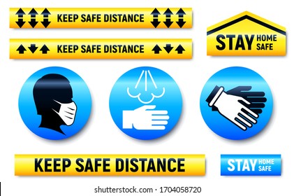 Keep Distance and Stay Home stickers and markers set for shop or supermarket during epidemic quarantine of coronavirus COVID-19. Wear mask, Use sanitizer and Wear gloves pictograms