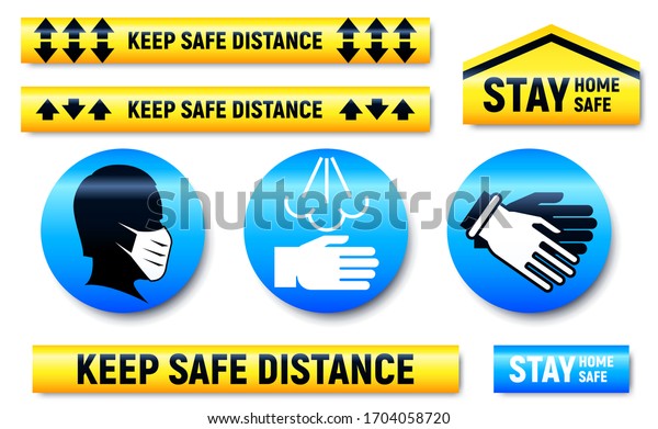 Keep\
Distance and Stay Home stickers and markers set for shop or\
supermarket during epidemic quarantine of coronavirus COVID-19.\
Wear mask, Use sanitizer and Wear gloves\
pictograms
