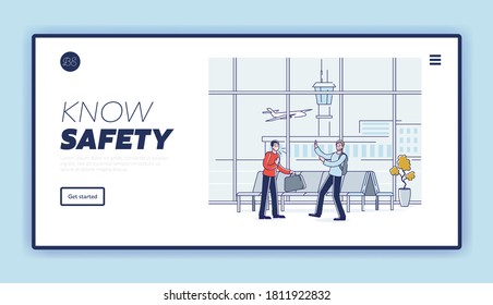 Keep distance and stay safe landing page for travelling during covid pandemic concept with people in airport cough and without masks. Linear vector illustration