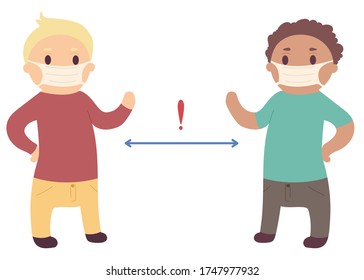 Keep the distance. Two men wave to each other.  Colorful vector illustration.Social distancing.