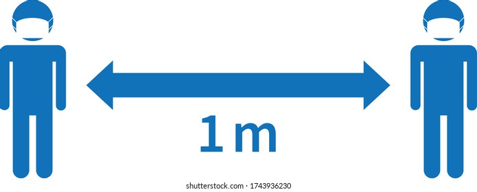 Keep distance and use mask symbols . 1 meter distance blue sign. Social distancing warning on a white background	