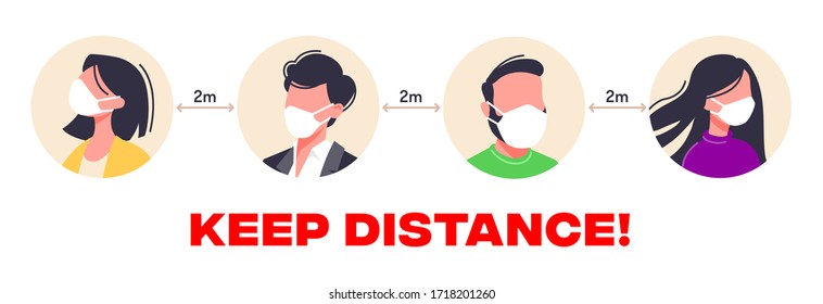 ¡CONSERVE la ilustración vectorial DISTANCE en un estilo plano! Evite los lugares abarrotados y cubra siempre la boca y la nariz. Grupo de personas usando máscaras médicas para prevenir enfermedades. 