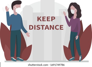 Keep distance. Women and man protecting themselves with medical masks from virus spread. Protection from infection, medicine and health concept. Flat vector illustration.