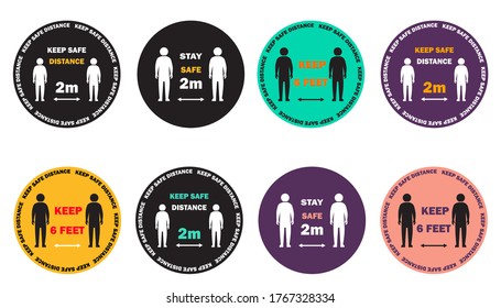 Keep distancing stop Covid-19 signage icon. Set icons. Set stickers