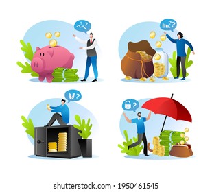 Keep dollar cash finance in bank, safe, piggy bank or insurance, vector illustration. Banking currency concept set, isolated on white.