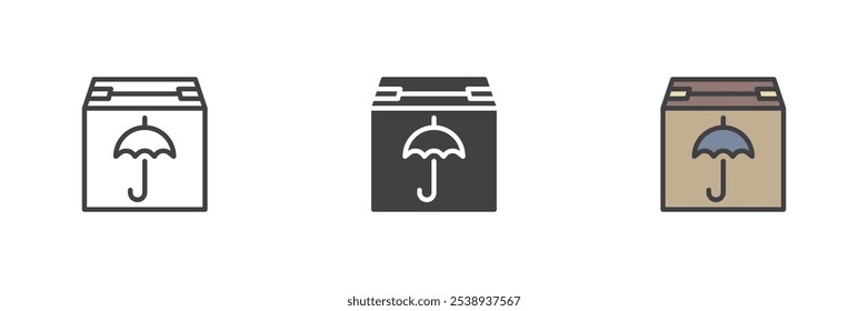 Keep dry box different style icon set. Line, glyph and filled outline colorful version, outline and filled vector sign. Delivery package with umbrella symbol, logo illustration. Vector graphics