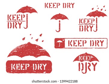 Keep dry, handle with care grungy isolated box signs. Set of red rubber stamps for cargo and logistics. Vector illustration with umbrella and scratches.