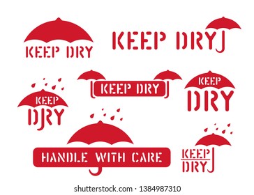 Keep dry, handle with care, retro sticker. Logistics clean rubber stamp set for cargo and logistics. vector illustration with umbrella box sign.