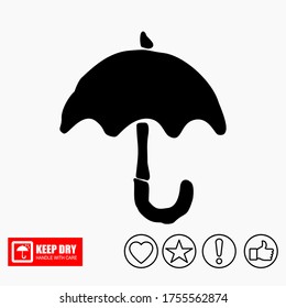 El icono KEEP DRY está aislado en un fondo blanco. Icono vector de un paraguas. Símbolo del paquete. Ilustración vectorial de una etiqueta.