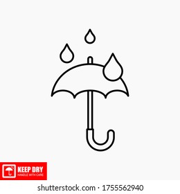 El icono KEEP DRY está aislado en un fondo blanco. Icono vector de un paraguas. Símbolo del paquete. Ilustración vectorial de una etiqueta.