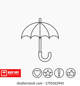 El icono KEEP DRY está aislado en un fondo blanco. Icono vector de un paraguas. Símbolo del paquete. Ilustración vectorial de una etiqueta.