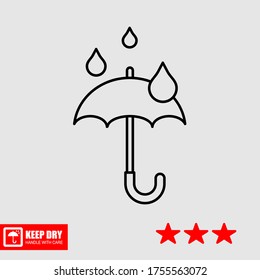 El icono KEEP DRY está aislado en un fondo blanco. Icono vector de un paraguas. Símbolo del paquete. Ilustración vectorial de una etiqueta.