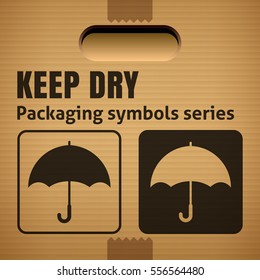 KEEP DRY packaging symbol on a corrugated cardboard box. For use on cardboard boxes, packages and parcels. Vector illustration