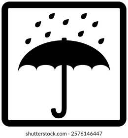 Keep dry symbol, black umbrella under falling rain drops within a curved square. Universally symbol for indicates protection from moisture.