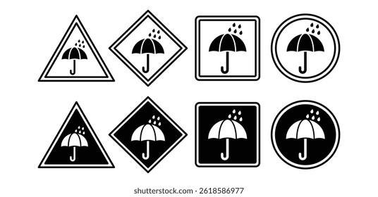 Keep Dry Symbols Black and White Umbrella Icons in Triangle, Square and Circle Shapes Vector Design