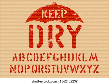 Keep Dry vector pictogram on cargo textured cardboard fragile box background with font for logistics or packaging. Grunge alphabet included Means: handle with care, no moisture.