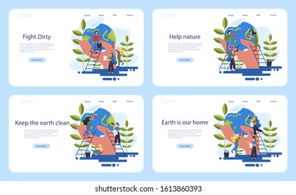 Keep Earth clean idea. Recycle and cleaning concept. Ecology and environment care. Idea of garbage reuse. Web banner. Illustration in cartoon style