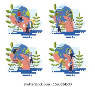 Keep Earth clean idea. Recycle and cleaning concept. Ecology and environment care. Idea of garbage reuse. Set of vector illustration in cartoon style