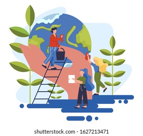 Keep Earth clean idea. Recycle and cleaning concept. Ecology and environment care. Idea of garbage reuse. Vector illustration in cartoon style