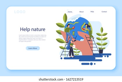 Keep Earth clean idea. Recycle and cleaning concept. Ecology and environment care. Idea of garbage reuse. Web banner. Illustration in cartoon style