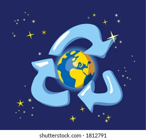 Bewahren Sie die Erde auf - recyceln. Allegory mit globalem und weltraumökologischem Konzept. Naive Vektorgrafik