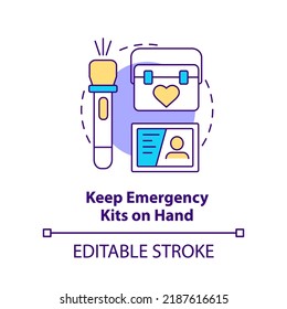 Keep Emergency Kits On Hand Concept Icon. Disaster Tip Abstract Idea Thin Line Illustration. First Aid Supplies. Isolated Outline Drawing. Editable Stroke. Arial, Myriad Pro-Bold Fonts Used