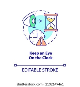 Keep eye on clock concept icon. Escape room winning method abstract idea thin line illustration. Race against time. Isolated outline drawing. Editable stroke. Arial, Myriad Pro-Bold fonts used