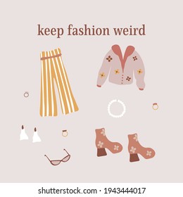 keep fashion weird concept quote card, blouse, pants, boots, rings, glasses, pearls, flowers