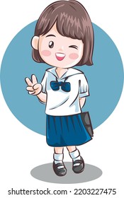 Keep Fighting! Cute Girl Student Cheering. Vector Cartoon.